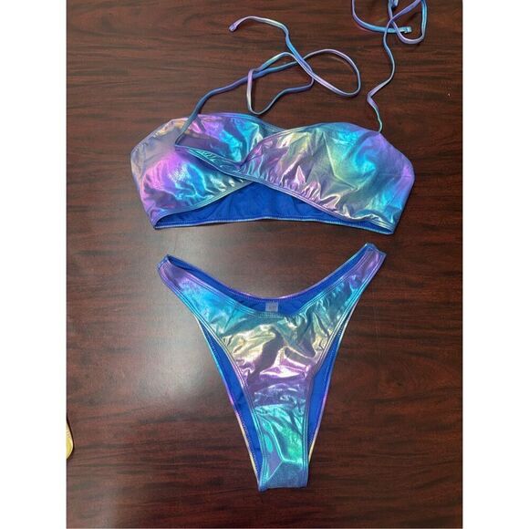 NWOT SHEIN Metallic Blue and Purple Cross over Bikini Set Size Large - Picture 1 of 6